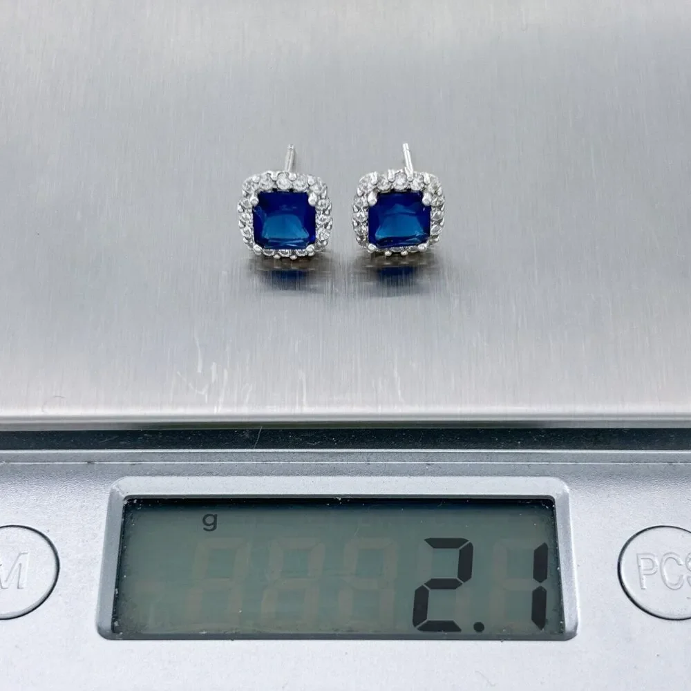 Vintage Sterling Silver 925 Blue Crystal Cubic Zirconia Framed Stud Earrings
